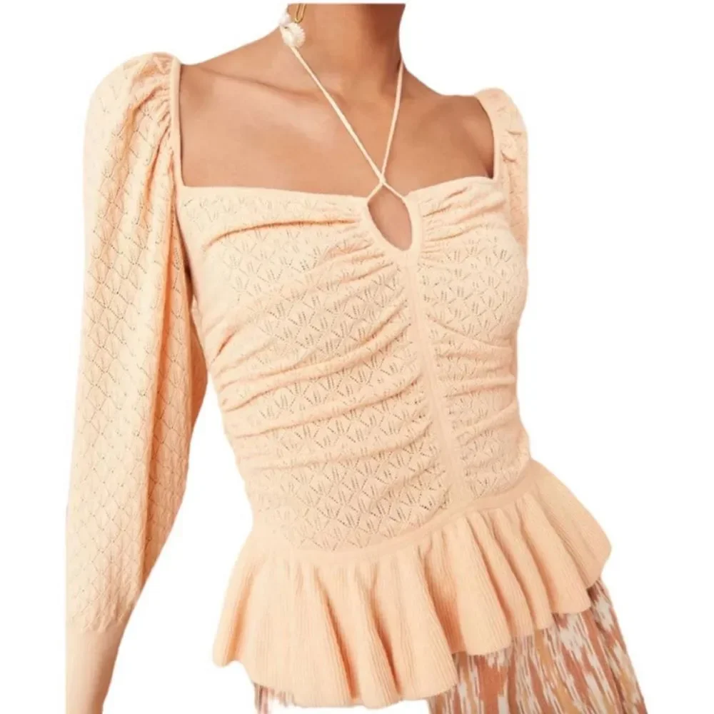 NWT Ulla‎ Johnson | Leland Puff Sleeve Peplum Halter Top Honey Peach Size L Knit